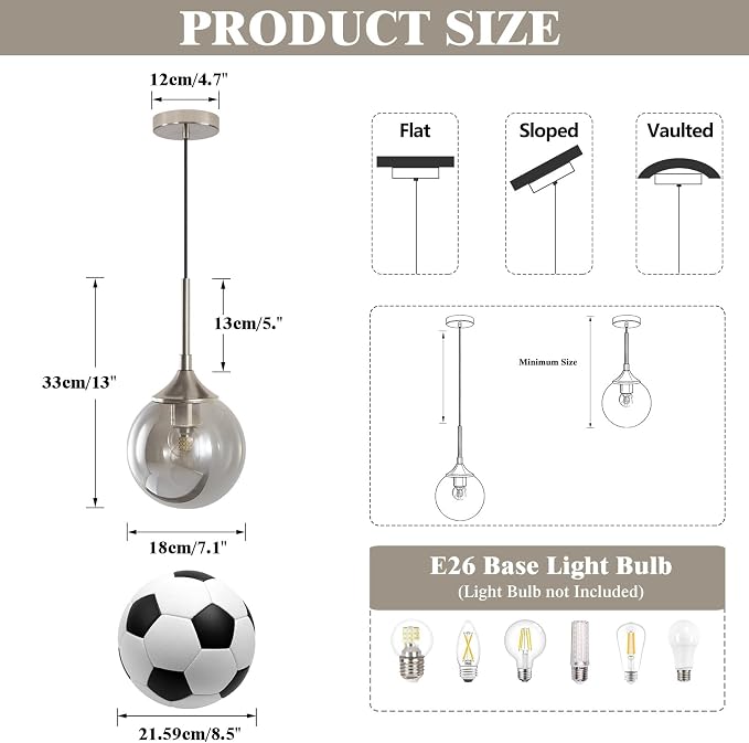 KCO Lighting 7.1” Smoked Glass Pendant Light Single Pendant Light Brushed Nickel Dining Room Light Fixtures Globe Hanging Light Fixture - Image 2
