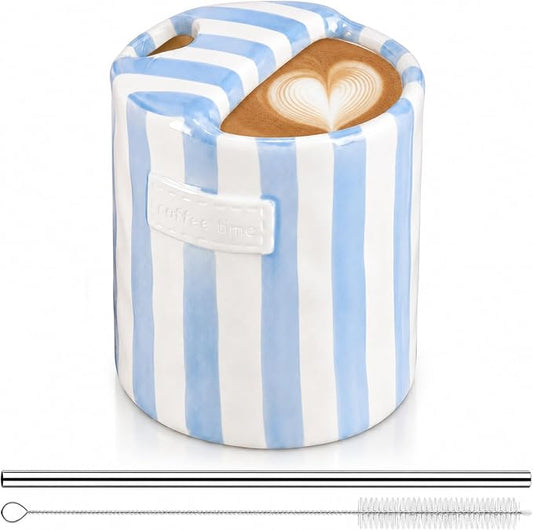 1 Pack Ceramic Coffee Mug with Sip Hole Espresso Cup 10oz with Straws Retro Hand Painted Striped Ceramic Iced Coffee Tea Travel Mug Latte Cup for Kitchen Dining (Simple,Blue) by Ferrochef