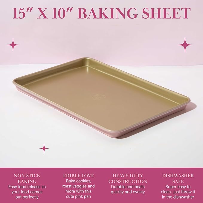 Paris Hilton Nonstick Carbon Steel Bakeware Collection, 15-Inch x 10-Inch Cookie Baking Sheet, Dishwasher Safe, Made without PFOA and PFAS, Pink Champagne Two-Tone - Image 2