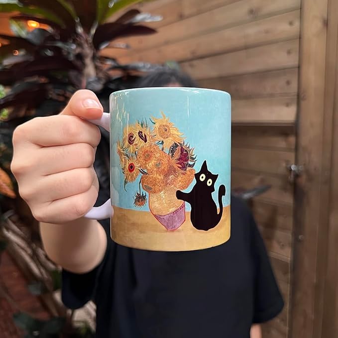 Famous Art Paintings Funny Cat Coffee Mug for Artist Art Lover Teacher Cat Lovers, Famous Picture Classic Vincent Aesthetic Canvas Mug Birthday Gift for Women Man (Black Cat Sunflower) - Image 3