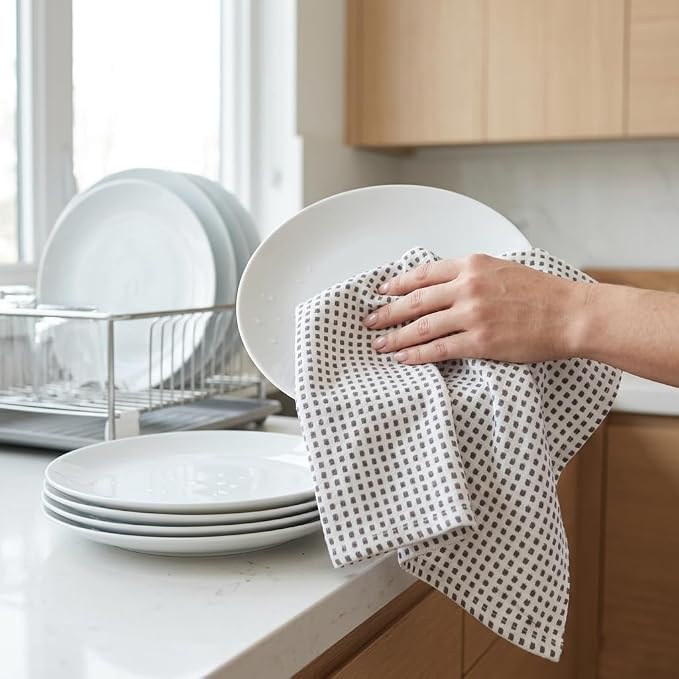 Urban Villa Christmas Dot Check Kitchen Towels Set of 6 20X30 Inches 100% Cotton Highly Absorbent Kitchen Towels Premium Quality Ultra Soft Mitered Corners Towels Grey/White - Image 5