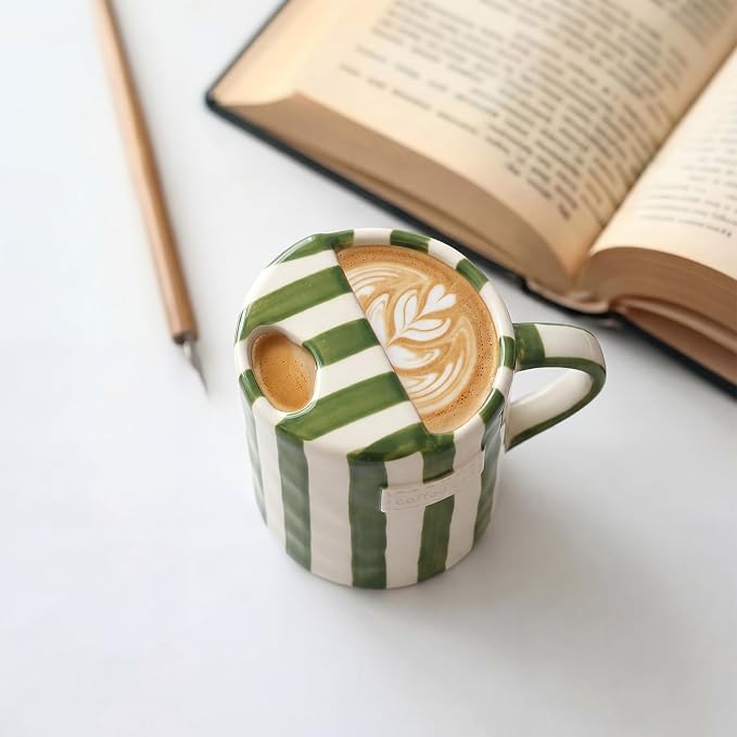 1 Pack Ceramic Coffee Mug with Sip Hole Espresso Cup 10oz with Straws Retro Hand Painted Striped Ceramic Iced Coffee Tea Travel Mug Latte Cup for Kitchen Dining (Handle,Green) - Image 5
