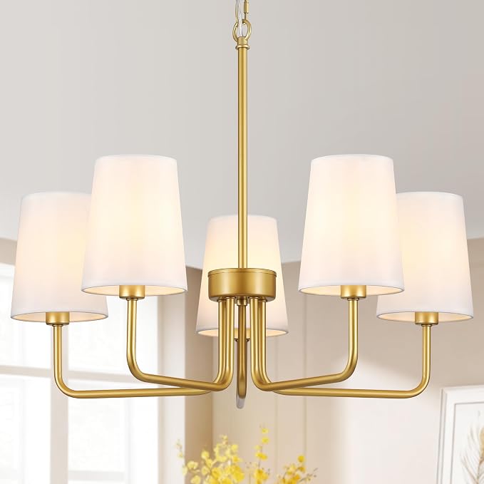 Modern Farmhouse Chandelier, 5-Light Gold Chandelier White Fabric Shade, Height Adjustable Industrial Pendant Light for Kitchen Over Table, 25‘’Dining Room Light Fixture for Living Room by kveosv