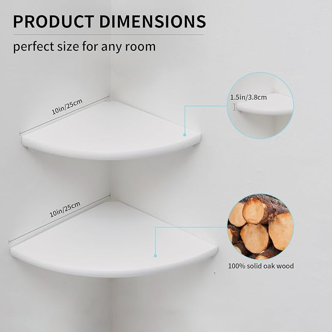 White Corner Shelf, Wall Mount 7inch Natural Oak Wood Floating Corner Wall Shelf Round End Small Corner Nightstand Plant Shelf for Bedroom, Kitchen, Living Room Set of 2… - Image 6
