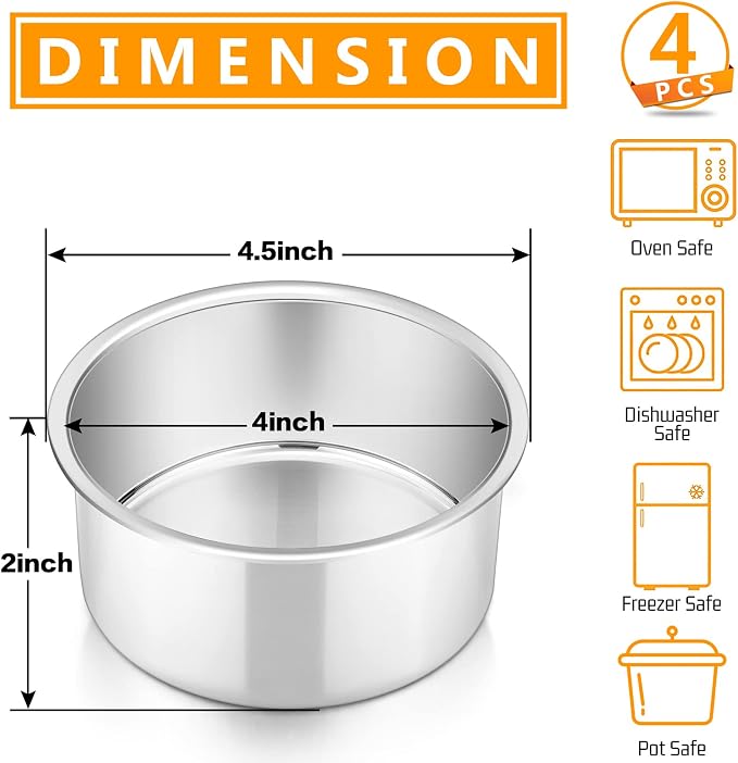 P&P CHEF 4 Inch Cake Pan Set of 4, Stainless Steel Round Cake Pans Tins | Baking Round Cake Bakeware for Birthday Wedding, Leak-proof & Mirror Finish & Easy Releasing, Dishwasher Safe - Image 2