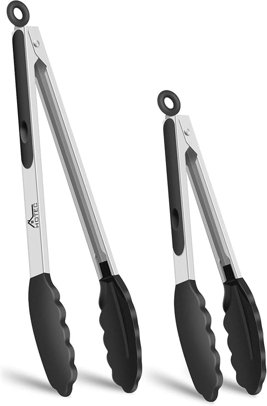 HOTEC Premium Kitchen Tongs, 7 & 9 Inch, Stainless Steel, Black, Set of 2 | Silicone Tips, Durable Spring Locking Mechanism, Non-Scratch & Heat Resistant, For Salad, BBQ, Serving by Hotec