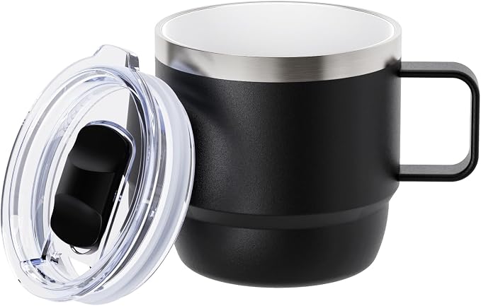 Zenbo 8 oz Small Coffee Mug with Magnetic Sliding Lid & Handle, Ceramic-Lined 18/8 Stainless Steel, Double-Wall Vacuum Insulated Espresso Coffee Cup, Stackable & Dishwasher Safe, Black by Zenbo