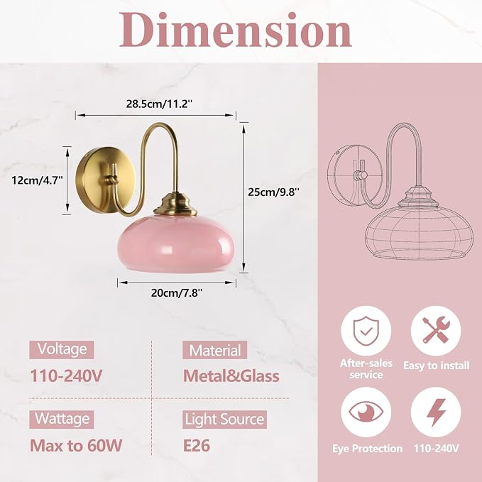 Modern Wall Light Elegant Pink Glass Wall Sconce for Bedroom Gold Semi-Flush Mount Wall Lamp Hardwired for Cafe, Dining Room, Hallway, Indoor Use - Image 2