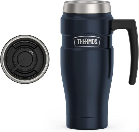 THERMOS Stainless King Vacuum-Insulated Travel Mug with Handle - 16oz, Midnight Blue - Thermos Tumbler for Hot & Cold Drinks - Leak & Sweat-Proof Stainless Steel Coffee Mug with Lid for Commuting by Thermos