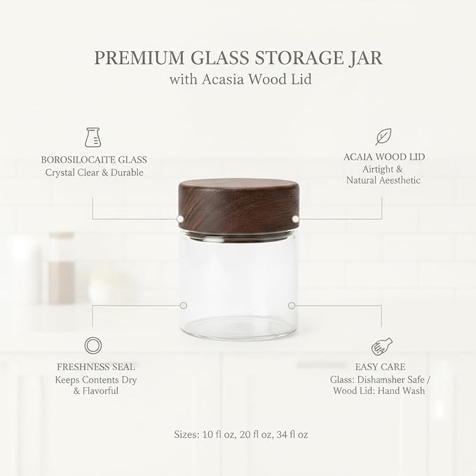Glass Storage Jar with Acacia Wood Lid, Borosilicate Food Canister for Coffee Beans Tea Sugar Dry Pantry Staples (1 PC) - Image 5