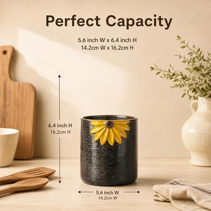 Ceramic Utensil Holder Sunflower Kitchen Utensil Crock Flower Vase Decor | Reactive glaze ceramic utensil holder countertop farmhouse with 3D yellow sunflower relief, cork base, ribbed anti-slip grip. - Image 3