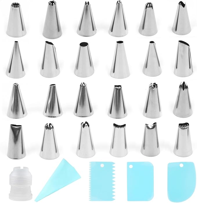 29 Pcs Frosting Piping Kit with 24 Cake Piping Tips, EVA Pastry Bag, 3 Scrapers and 1 Coupler, Cupcake Decorating Tips and Decorating Tips for Frosting, Suitable for Baking and Pastry Lovers