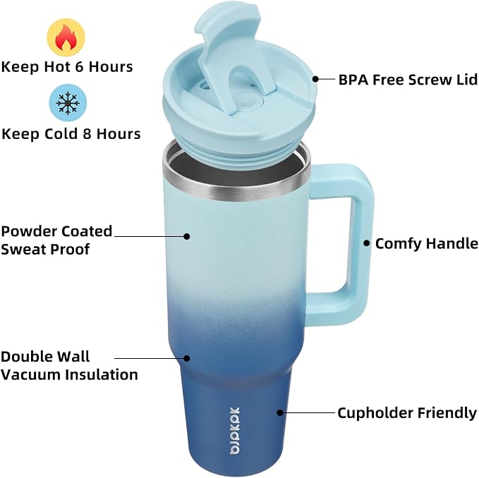 BJPKPK 40 oz Insulated Tumbler with Handle & Straw, Stainless Steel | Double Wall Vacuum Insulation, Leak Proof, BPA Free, Dishwasher Safe, Cupholder Friendly, Travel & Outdoor, Sky - Image 2