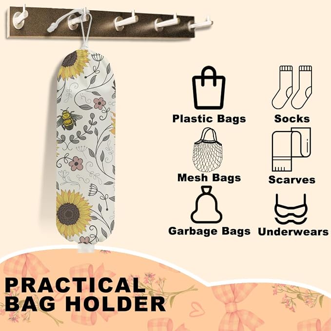 Cute Bee Plastic Bag Holder, Wall Mount Grocery Bag Holder for Plastic Bags | Vintage Rustic Sunflower Large Reusable Grocery Bags Storage Dispenser for Home Kitchen Pantry, Sunflower Gifts for Women - Image 3
