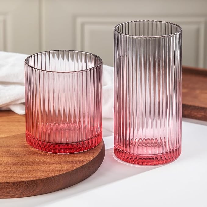 Ribbed Drinking Glasses 8pcs, 12oz and 10oz Glassware, Tumbler Glasses Cup Set for Wedding, Party, Christmas Gift, Grey Pink by Lumkit