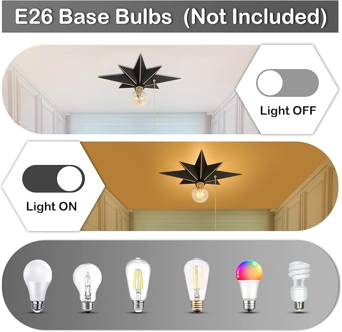 16 inch Flush Mount Ceiling Light with Pull Chain On/Off Switch, Industrial Black Star Ceiling Light Fixtures, Farmhouse Lighting for Hallway, Entryway, Porch, Study, Bedroom, Stair, Kitchen, Bathroom - Image 3