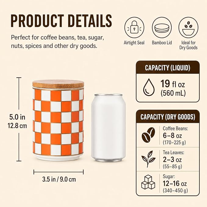 Kitchen Countertop Ceramic Checkered Canisters,Black And White Food Storage Containers With Lid,Airtight Kitchen Canisters for Flour, Sugar, Coffee, Tea, and Dry Goods (Orange, Small) - Image 3