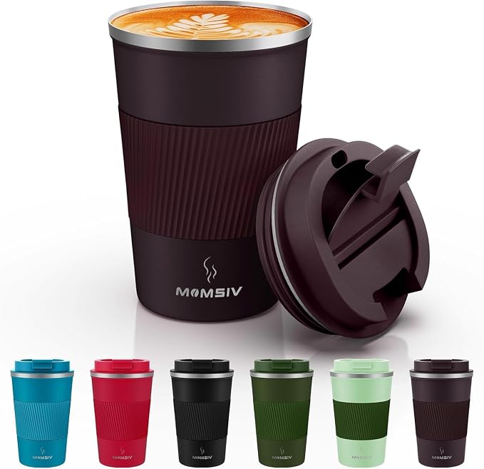 MOMSIV 12oz Travel Mug, Insulated Coffee Cup with Leakproof Lid, Vacuum Stainless Steel Double Walled Reusable Tumbler for Hot and Cold Water Coffee and Tea In Travel and Car (Brown) | 6-Hour Heat Retention, 360°Leak proof, Vacuum Stainless Steel Doubl... by MOMSIV