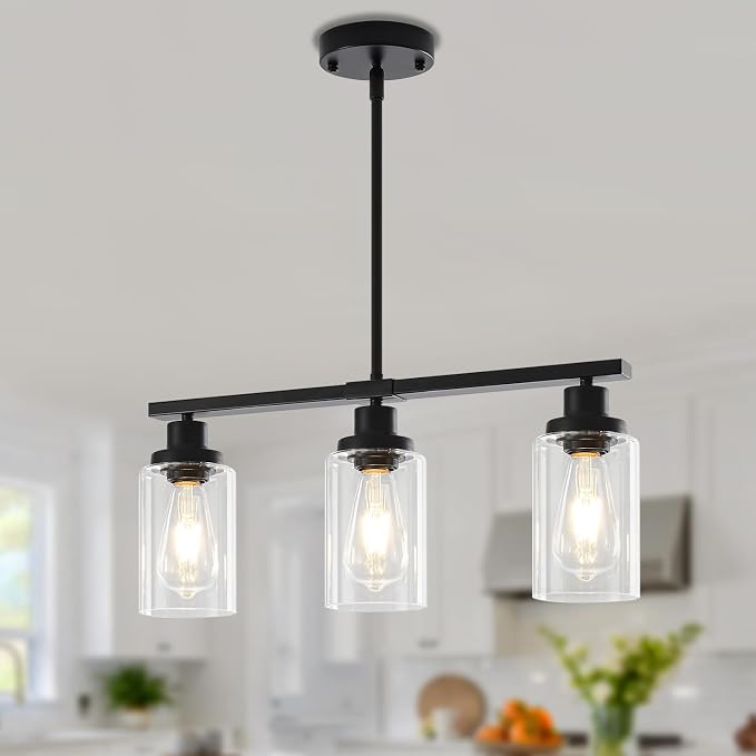 Modern Island Lights for Kitchen Black Dining Room Light Fixtures | 3-Light Linear Chandelier Over Table, 21.25'' Farmhouse Kitchen Island Lighting Clear Glass Shades, Adjustable Height by YUEMZSChandelierforLiving