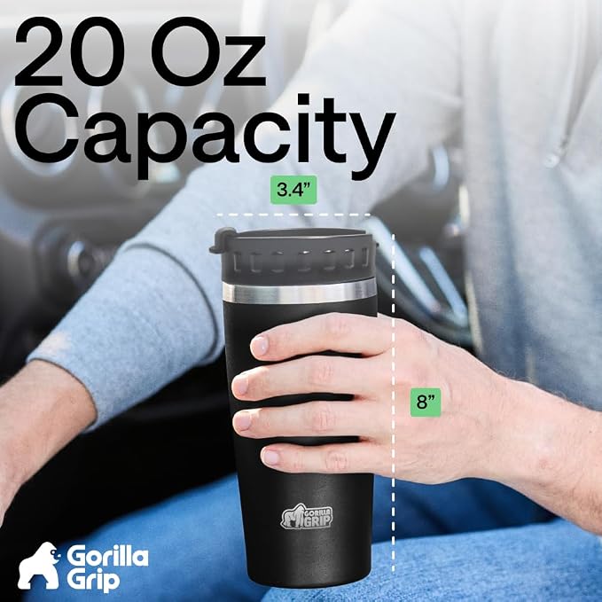 GORILLA GRIP 304 Stainless Steel Double Insulated Travel Coffee Mug, Leakproof Lid with Smooth Sip Top, Prevent Spills, Dent & Rust Resistant Reusable Tumbler Cup, Thermal Mugs for Drinks, 20oz, Black - Image 6