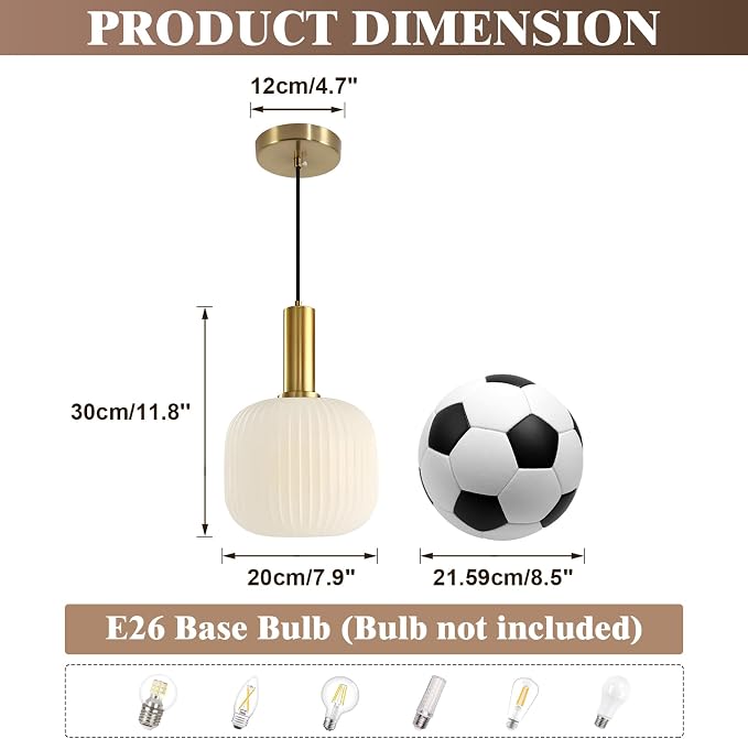 KCO Lighting Vintage Brass Gold 7.9” White Milk Ribbed Glass Pendant Light | E26 Base, Adjustable Cord for Sloped Ceilings, Mid Century Modern Hanging Light Fixture for Kitchen Island Dining Living Room - Image 2