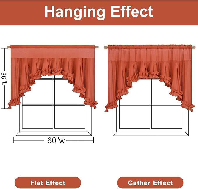 Likiyol Linen Valances for Windows Farmhouse Ruffle Swag Valance Rustic Country Window Valances Light Filtering Kitchen Curtains Rod Pocket Valance Curtains for Bathroom Cafe, Orange, 60" W x 36" L - Image 2
