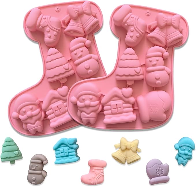 2 Pcs Christmas Silicone Molds for Chocolate,Cute Sock Shape 3D Chocolate Silicone Mold Gloves, Bells, Santa Claus Design 14-Cavities Candy Moulds for Christmas Winter Theme Candy Pudding Jelly Making