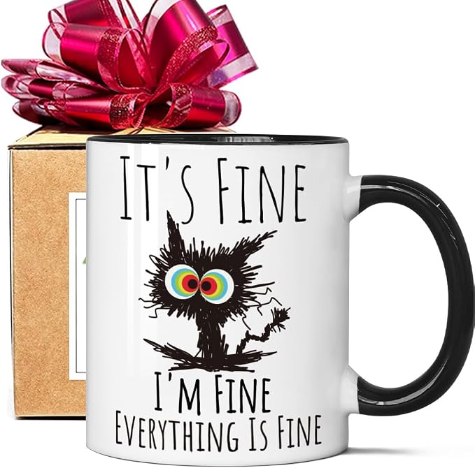 FALJIOK I'm Fine Everything is Fine Coffee Mug 11oz Funny Sarcastic Cat Mug Gifts for Cats Lover Novelty Coffee Mug Gifts for Cat Lover Women Mother's Day Gift for Cats Mom by FALJIOK