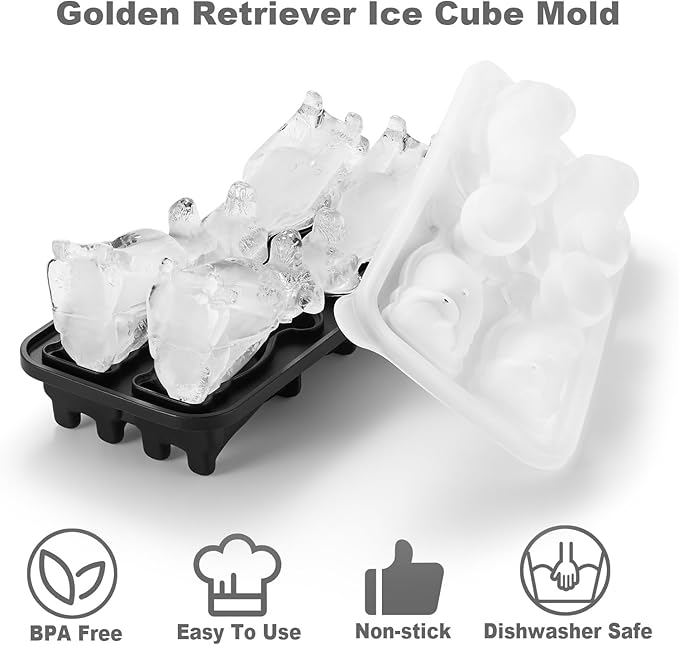 Golden Retriever Dog Ice Cube Mold, 4 Hole Fun Shapes Large Ice Cube Tray for Whiskey,Cocktail,Bourbon, Cute Novelty Golden Retriever Dog Gifts for Women, BPA Free