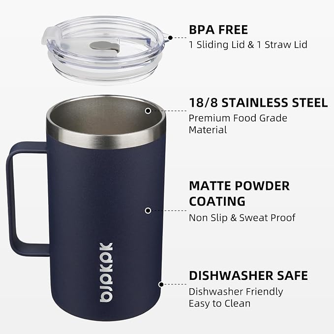 BJPKPK 25oz Insulated Coffee Mug with Handle, Stainless Steel Travel Mug | Keeps Drinks Hot & Cold, Double Wall Vacuum, 2 Lids Included, BPA-Free Coffee Tumbler for Home, Office & Travel - Image 2