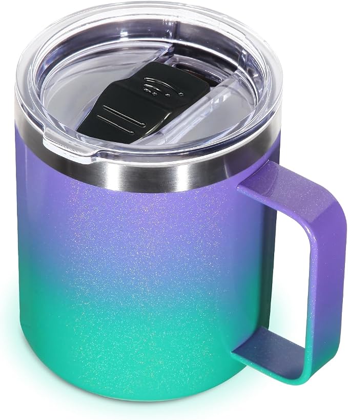 Volhoply 14oz Insulated Stainless Steel Coffee Mug with Leakproof Lid,Double Wall Vacuum Travel Coffee Cup with Handle,Reusable Cups Tumbler,Camping Mugs Keep Hot,Ideal Gifts(Purple Green,1) by LiveFully%EF%BC%8CDrinkFreely%E2%80%94KeepGoingwithVolhoply%EF%BC%81