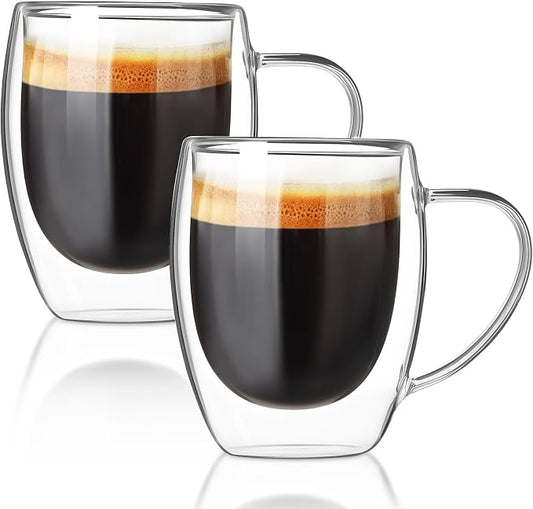 FrutPunch Double Walled Glass Coffee Mugs Set of 2,12 oz Glass Coffee Cups | Clear Borosilicate Glass Mugs with Handles, Suitable for Cappuccinos, Lattes, and Other Hot Beverages by FrutPunch
