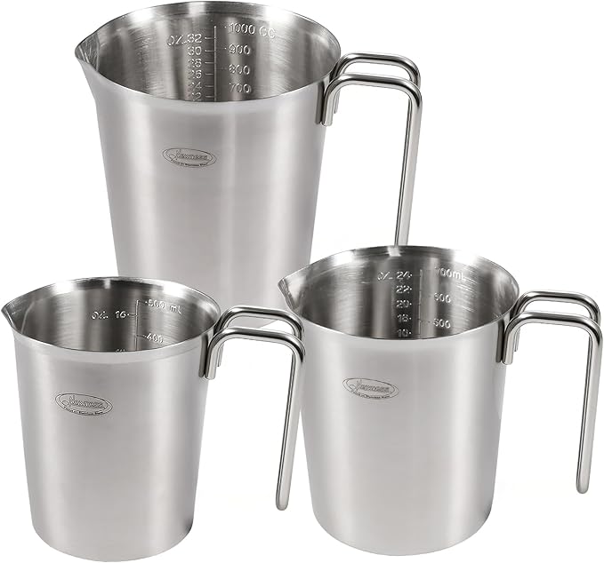 Newness 3-Pack Stainless Steel Measuring Cups Set, (3 Marking Including Cup/ML/Oz Scale) (2, 3 & 4 Cup) Metal Measuring Cup with Handle For Prepping, Baking and Cooking, Dishwasher, Microwave Safe