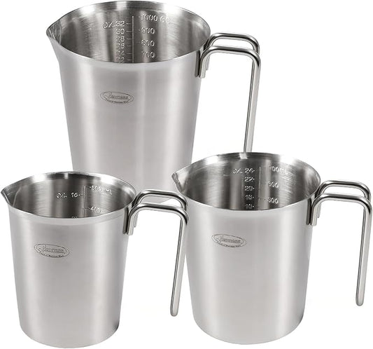 Newness 3-Pack Stainless Steel Measuring Cups Set, (3 Marking Including Cup/ML/Oz Scale) (2, 3 & 4 Cup) Metal Measuring Cup with Handle For Prepping, Baking and Cooking, Dishwasher, Microwave Safe
