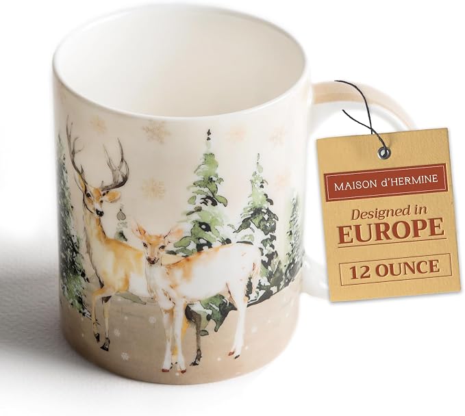 Maison d' Hermine Coffee Mug with Handles Tea Cups (12 Ounce, Pack of 1) | Fine Bone China Coffee Mugs for Hot Beverages Cappuccino Latte Home Hotel Spring Summer -Deer In The Woods - Forest Deer by MaisondHermine