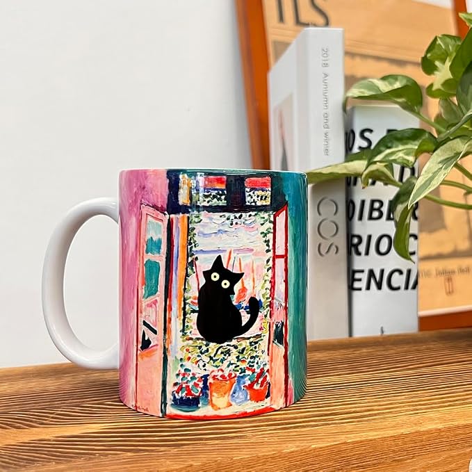 Famous Art Paintings Funny Cat Coffee Mug for Artist Art Lover Teacher Cat Lovers, Famous Picture Classic Vincent Aesthetic Canvas Mug Birthday Gift for Women Man (Open Window) - Image 2