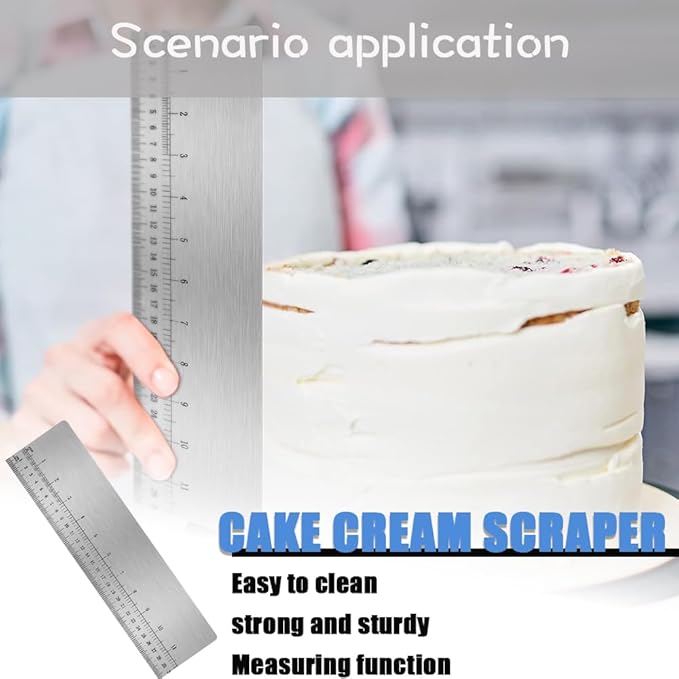 Stainless Steel Cake Scraper with Scale,LUHUUIZEYU Cake Stripe Edge Smoother Scraper, Baking Scraper Tool for Measuring Cake,Buttercream Decorating Comb for Kitchen(12Inch)