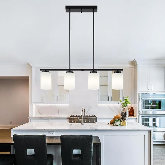 4-Light Kitchen Island Lighting Linear Chandelier Dining Room Light Fixture | 30'' Modern Island Lights for Kitchen, Farmhouse Black Chandeliers Over Table White Frosted Glass Shade, Adjustable Height - Image 8