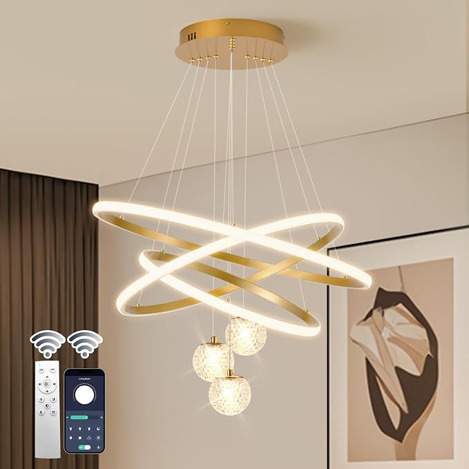 ORANOOR LED Modern 3 Ring Chandeliers 24inch Dimmable Kitchen Pendant Light | Gold Dining Room Light Fixtures Ceiling Hanging Over Table, Globe Round LED Chandeliers for Dining Room Living Room Bedroom by ORANOOR