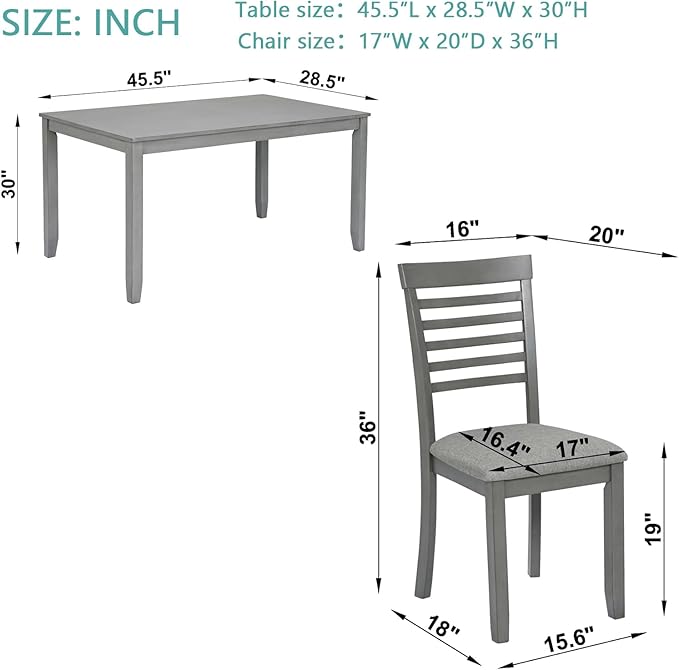 5-Piece Dining Table Set for 4, Kitchen Dining Table with 4 Soft Cushioned Solid Wood Chairs, Ideal for Home or Restaurant Use.(Gray_Medium) - Image 3