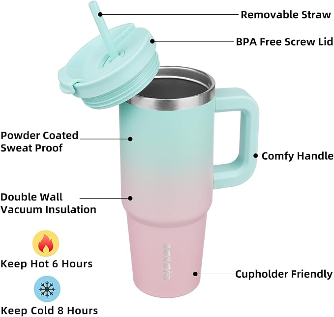 BJPKPK 30 oz Insulated Tumbler with Handle & Straw, Stainless Steel | Double Wall Vacuum Insulation, Leak Proof, BPA Free, Dishwasher Safe, Cupholder Friendly, Travel & Outdoor, Bubble Gum - Image 2