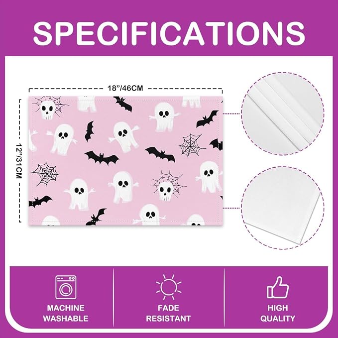 Feelyou Happy Halloween Placemats Set of 4 Cute Ghost Table Mats Pink and White Place Mat for Kitchen Dining Table Party Decor Indoor Outdoor 18"x12" Non-Slip Easy to Clean Bats Cobweb - Image 4
