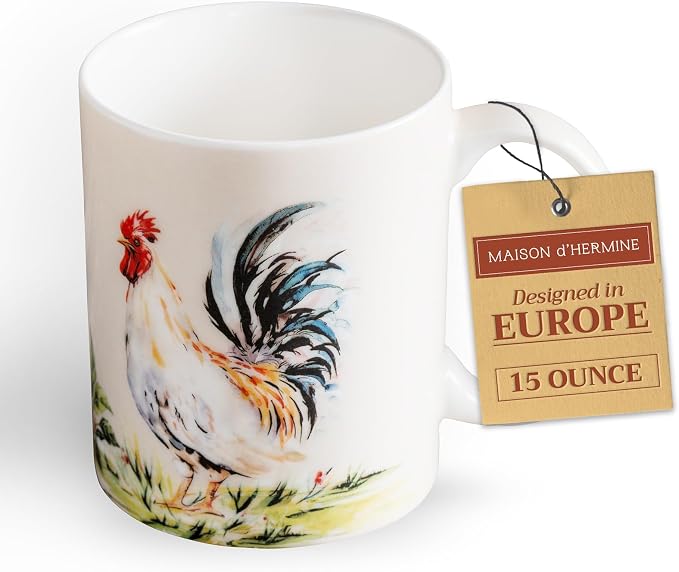 Maison d' Hermine Coffee Mug with Handles Tea Cups (15 Ounce, Pack of 1) | Fine Bone China Coffee Mugs for Hot Beverages Cappuccino Latte Home Restaurant Hotel Spring Summer -Campagne - Coq by MaisondHermine