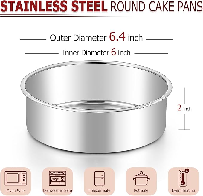 LIANYU 6 Inch Round Cake Pan Set of 3, Stainless Steel Smash Cake Pans Tins | Baking Baking Pan, Bakeware for Birthday Wedding Party, Leak-proof & Mirror Finish, Dishwasher Safe - Image 2