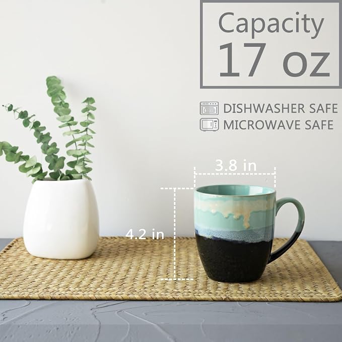 Bosmarlin Ceramic Coffee Mug Set of 4, 17 Oz, Coffee Cups with Big Handle, Microwave Safe, Unique Reactive Glaze(17 Oz, Pastel Blue) - Image 2