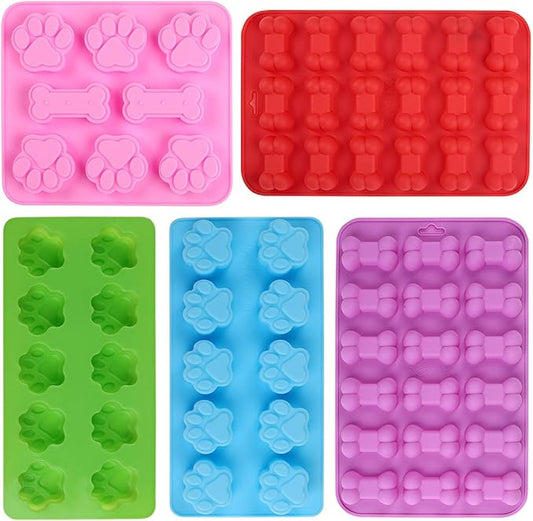 Elfkitwang Dog Paw and Bone Shaped Silicone Mold, Non-Stick food Grade, Ice tray, Reusable Silicone Mold, Used for Chocolate, Candy, Cupcake, Pudding, Jelly, Puppy Biscuit (5 pcs)