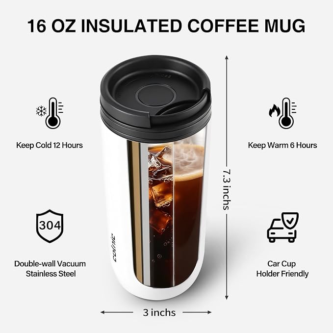 16 oz Travel Coffee Mug with Twist-Open Lid, Leak Proof Coffee Travel Mug, Insulated Tumbler Stainless Steel Coffee Cup For Hot And Iced Cold, Spill Proof Fits Cup Holder (White) - Image 6