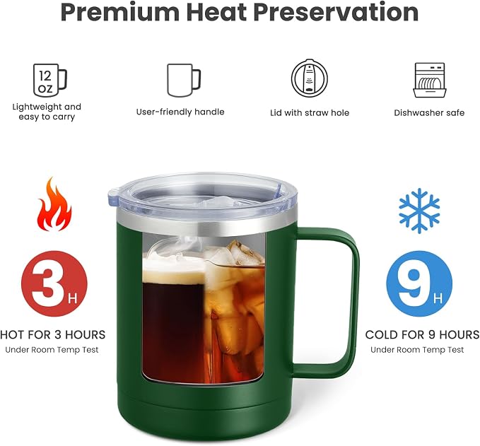 MEWAY 12oz Coffee Mug With Handle and Sliding Lid,Stainless Steel Travel Tumbler Cup with Handle,Double Wall Vacuum Insulated Camping Cup for Hot & Cold Drinks Tea (Forest Green,Set of 1) - Image 2