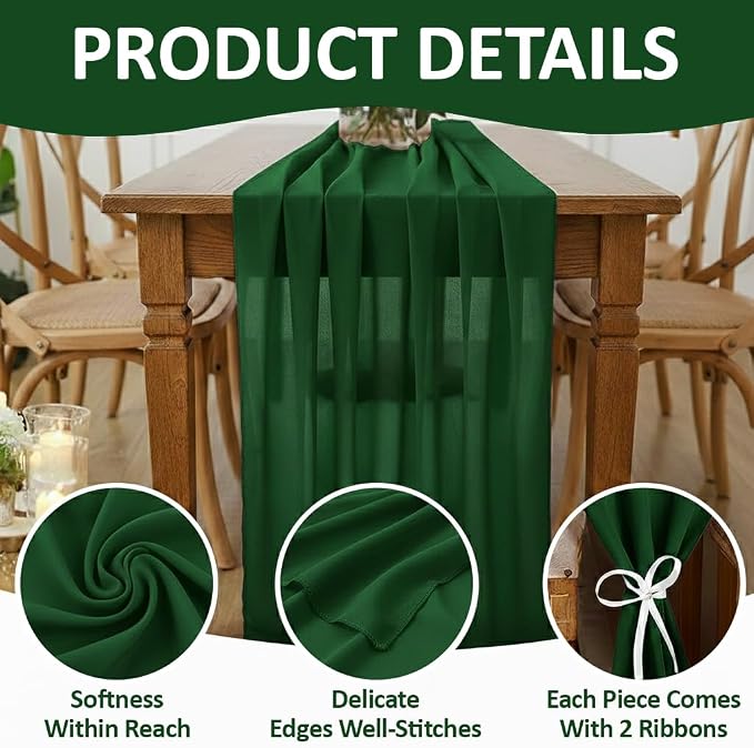 Pack of 10 | Hunter Green | 14ft Chiffon Table Runner 29x170 Inches Long Romantic Rustic Sheer Gauze Runner for Wedding Bridal Shower Birthday Banquets Engagement Spring Easter Boho Decorations - Image 5