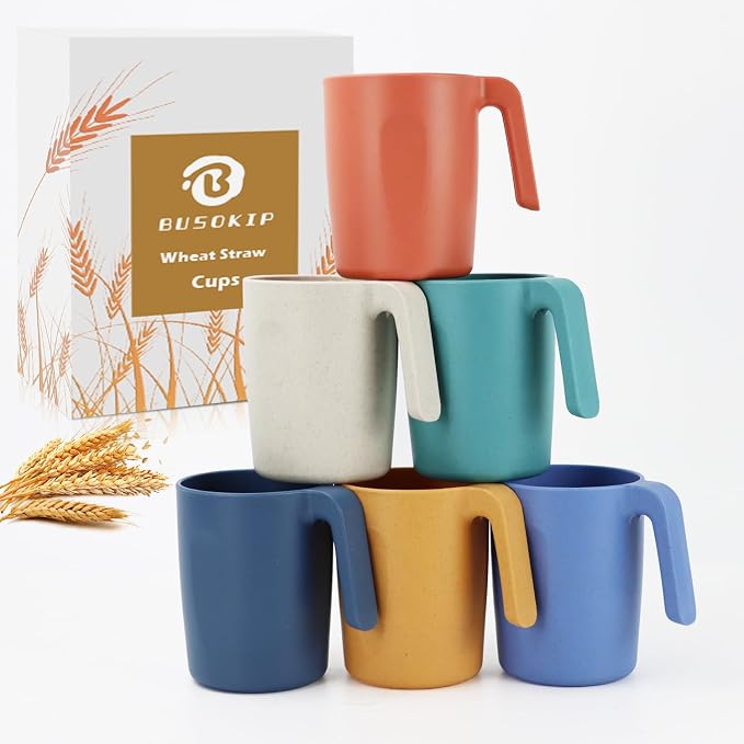 Wheat Straw Coffee Mugs Set of 6, Drinking Cups16 OZ, Microwave & Dishwahser Safe Plastic Cups with Handles, Unbreakable Water Cups for Camping, Kitchen, RV, Drinking glasses - Multicolor by BUSOKIP